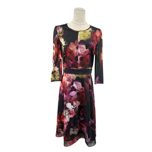 Ted Baker SAKINA Multicolor Floral Print 3/4 Sleeves Fit & Flare Dress Size 2 - Picture 1 of 11